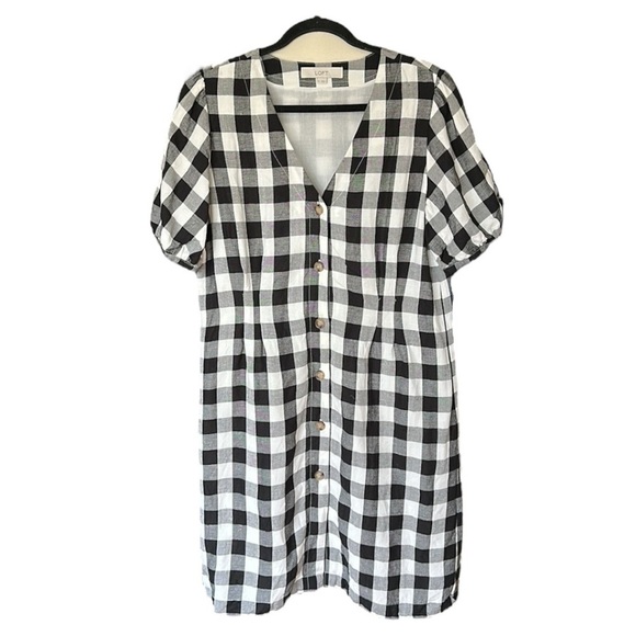 LOFT Gingham Linen Blend Button Up Dress Black White Preppy Girly Casual Size 10 - Picture 15 of 16